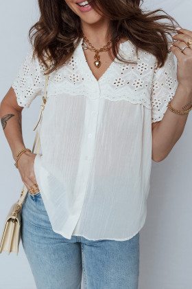 White Flower Eyelet Embroidered Patchwork Sheer Short Sleeve Shirt