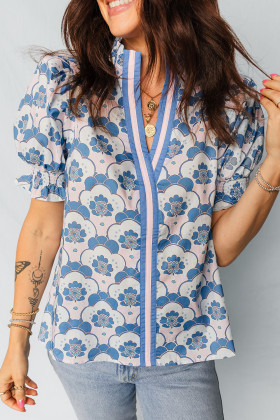Sky Blue Floral Print Flounced Short Sleeve Contrast Trim V Neck Blouse