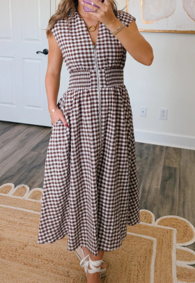 Coffee Plaid Print Full Zipper Cinched Waist Fit Flare Sleeveless Maxi Dress