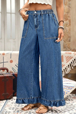 Sail Blue Plus Size Elastic Waist Ruffled Wide Leg Denim Pants