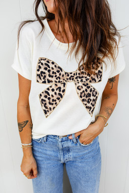 White Leopard Bow Embroidered Cotton Round Neck T Shirt
