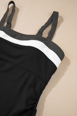 Black Color Block Detail Adjustable Straps One Piece Swimsuit