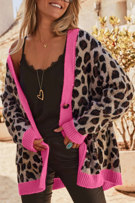 Khaki Leopard Print Color Block Trim Button Down Oversize Sweater Cardigan