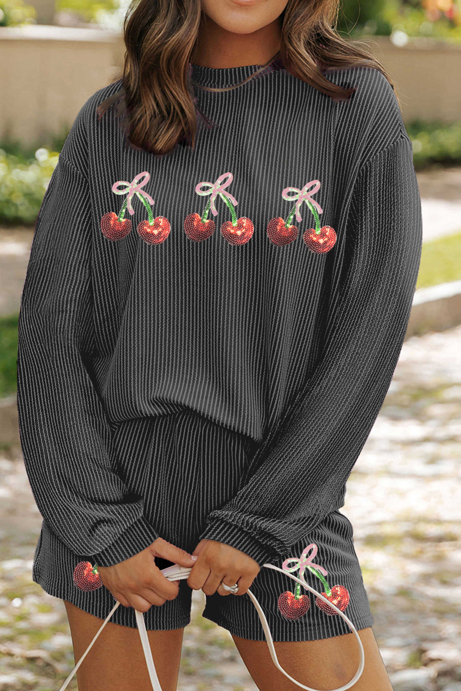 Carbon Grey Twisted Ribbed Sequin Cherry Patched Long Sleeve Pullover and Shorts 2pcs Set