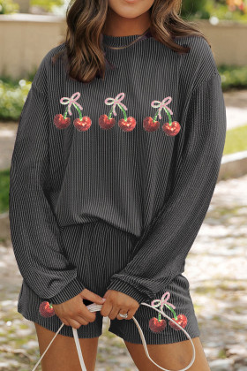 Conjunt de 2 peces de jersei i pantalons curts de màniga llarga amb lluentons acanalats i estampat de cirera gris carboni