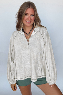 Light Grey Half Zip Stand Neck Seam Detail Long Sleeve Top