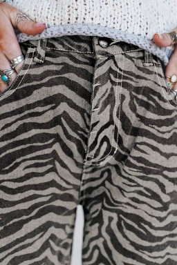 Gray Zebra Stripe Printed Wide Leg Barrel Jeans