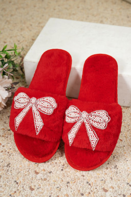 Fiery Red Pearl Rhinestone Embellished Bow Open Toe Plush Slippers
