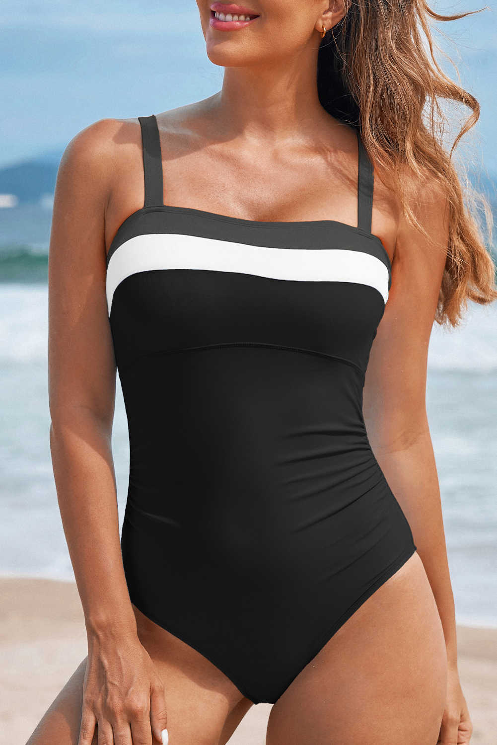 Black Color Block Detail Adjustable Straps One Piece Swimsuit