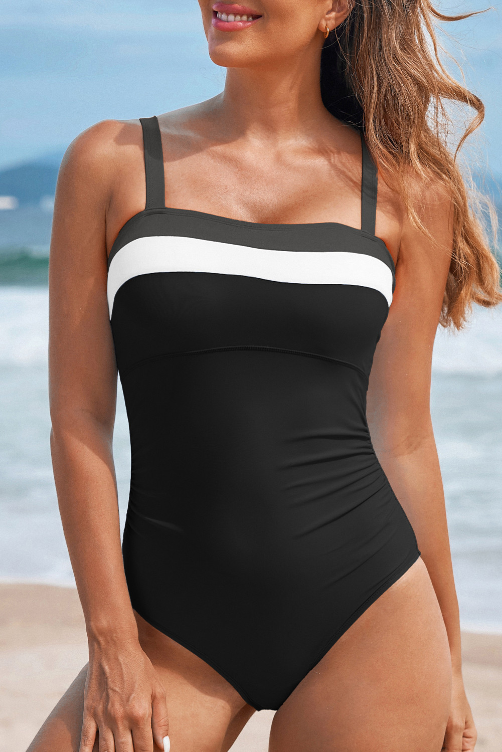 Black Color Block Detail Adjustable Straps One Piece Swimsuit