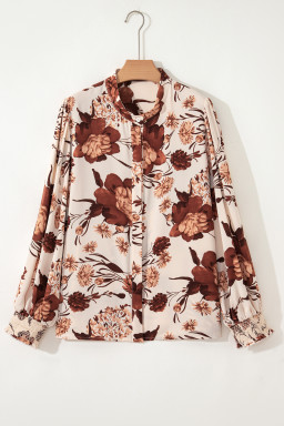 Brown Floral Print Button Down Poet Sleeve Shirt