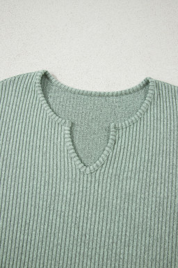 Grass Green Ribbed Notched Neck Knit Long Sleeve Leggings Two Pieces Lounge Set