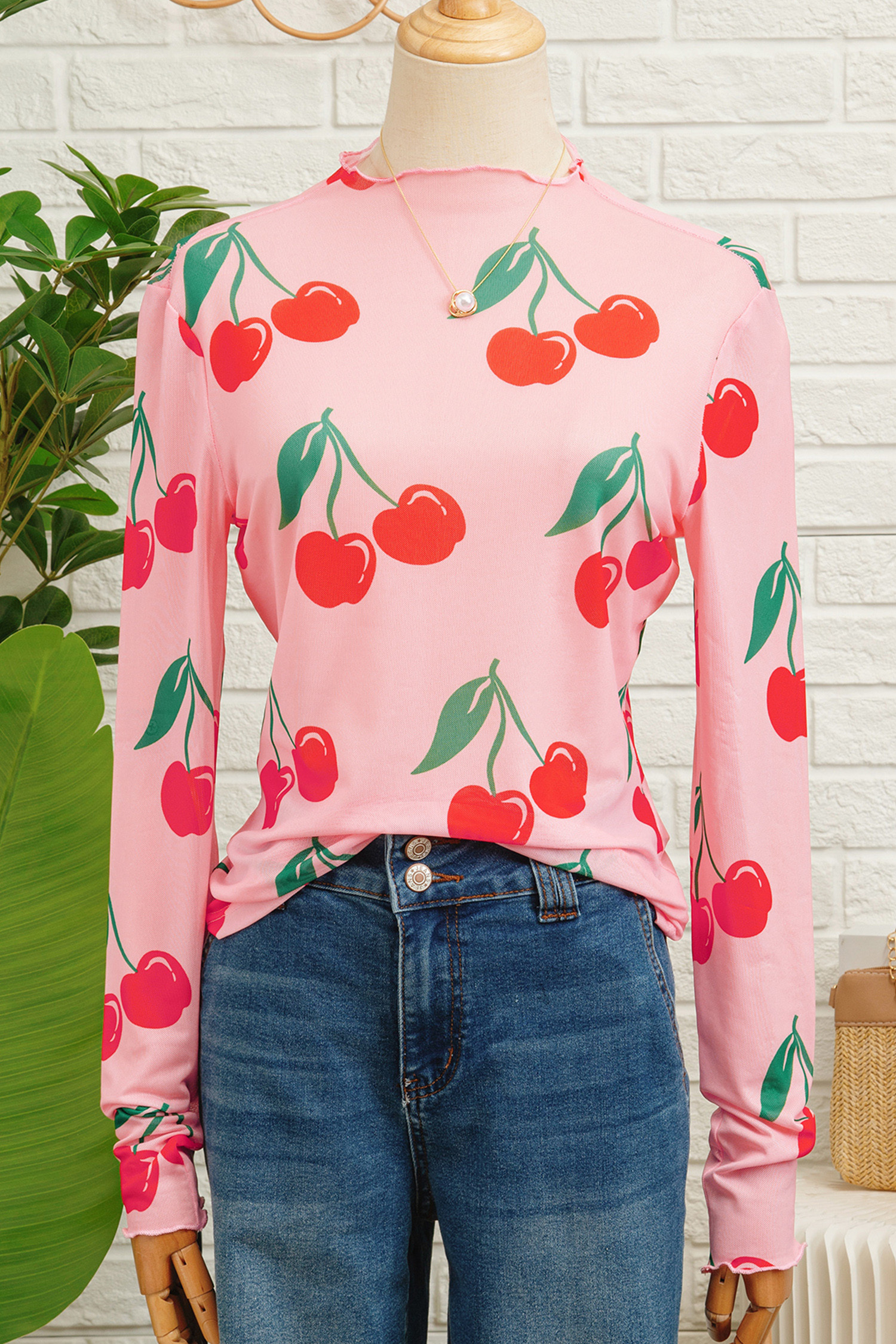 Pink Cherry Print Lettuce Trim Long Sleeve Mesh Top