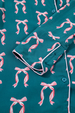 Green Ribbon Bow Print Silky Long Sleeve Shirt and Shorts 2pcs Pajama Set