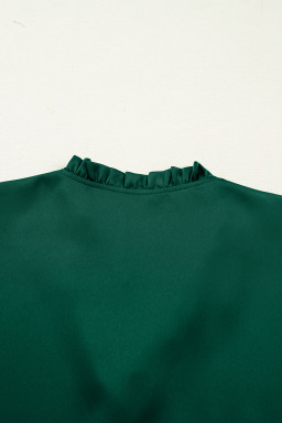 Blackish Green Solid Color Frilled V Neck Bow Detail 3/4 Sleeve Blouse
