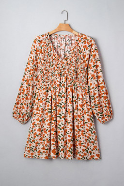 Beige Plus Size Floral Print V Neck Long Sleeve Babydoll Short Dress