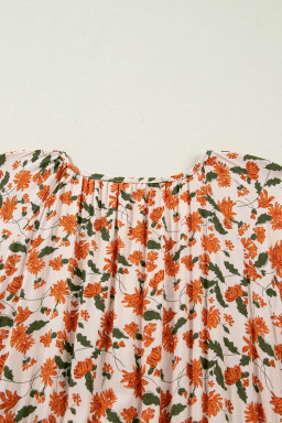 Beige Plus Size Floral Print V Neck Long Sleeve Babydoll Short Dress