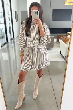 Brown Stripe Knot Waist Puff Sleeve Button Down Mini Shirt Dress