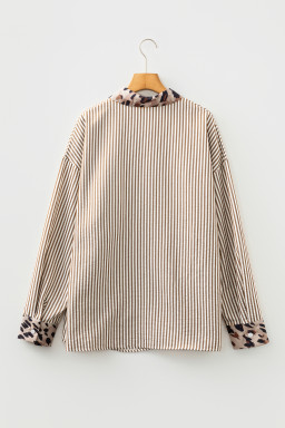 Brown Stripe Leopard Patched Collared Chest Pocket Cuffed Long Sleeve Plus Size Shirt