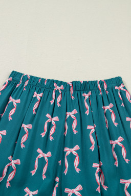 Green Ribbon Bow Print Silky Long Sleeve Shirt and Shorts 2pcs Pajama Set
