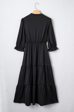Black Flounced Bracelet Sleeve V Neck Tiered Maxi Dress