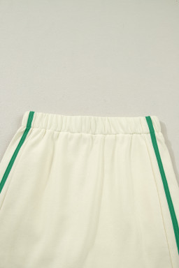 Beige Ribbed Colorblock Trim V Neck Sporty Pullover Mini Skort 2pcs Athleisure Set