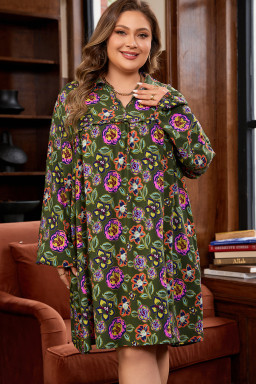 Green Plus Size Floral Print Collared V Neck Loose Mini Dress