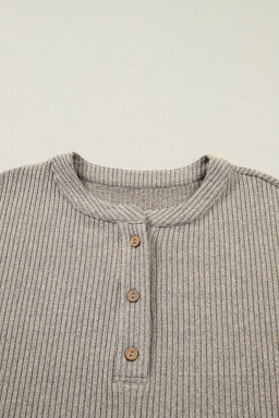 Simply Taupe Plus Size Ribbed Knit Kangaroo Pocket Henley Long Sleeve Top