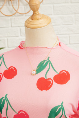 Pink Cherry Print Lettuce Trim Long Sleeve Mesh Top