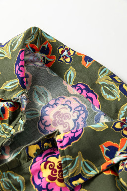 Green Plus Size Floral Print Collared V Neck Loose Mini Dress