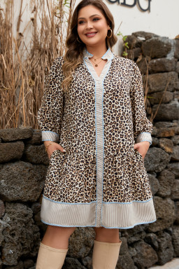 Khaki Plus Size Leopard Print Striped Trim V Neck Drop Waist Long Sleeve Mini Dress