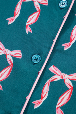 Green Ribbon Bow Print Silky Long Sleeve Shirt and Shorts 2pcs Pajama Set