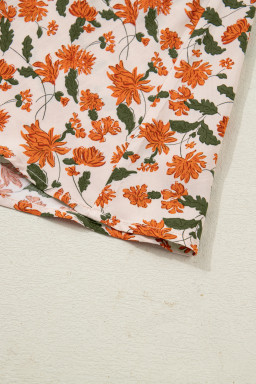 Beige Plus Size Floral Print V Neck Long Sleeve Babydoll Short Dress