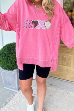 Bonbon Raw Seam Detail XOXO Sequin Patched Graphic V Neck 3/4 Sleeve Top