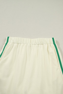 Beige Ribbed Colorblock Trim V Neck Sporty Pullover Mini Skort 2pcs Athleisure Set