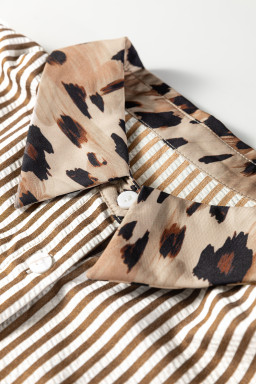 Brown Stripe Leopard Patched Collared Chest Pocket Cuffed Long Sleeve Plus Size Shirt