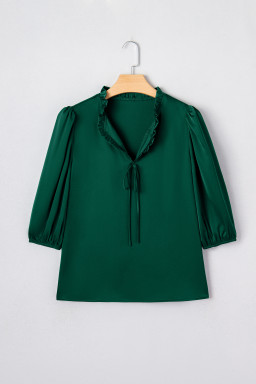 Blackish Green Solid Color Frilled V Neck Bow Detail 3/4 Sleeve Blouse