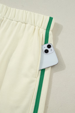 Beige Ribbed Colorblock Trim V Neck Sporty Pullover Mini Skort 2pcs Athleisure Set