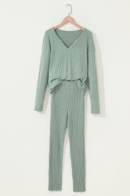 Grass Green Ribbed Notched Neck Knit Long Sleeve Leggings Two Pieces Lounge Set