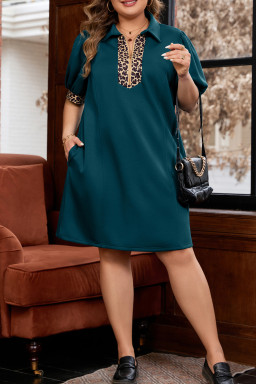 Sea Green Leopard Patchwork Detail Quarter Zip Collared Plus Size Mini Dress