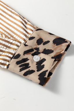 Brown Stripe Leopard Patched Collared Chest Pocket Cuffed Long Sleeve Plus Size Shirt