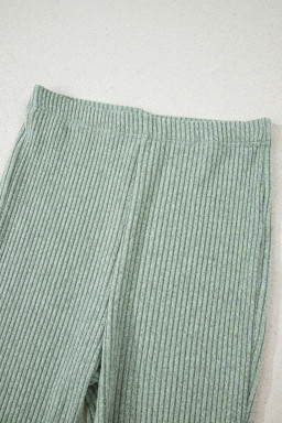 Grass Green Ribbed Notched Neck Knit Long Sleeve Leggings Two Pieces Lounge Set
