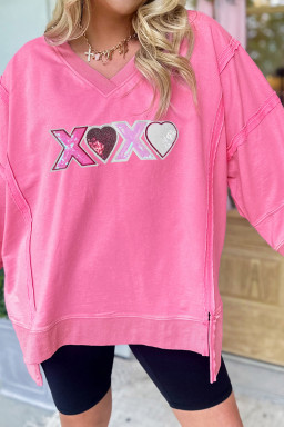 Bonbon Raw Seam Detail XOXO Sequin Patched Graphic V Neck 3/4 Sleeve Top