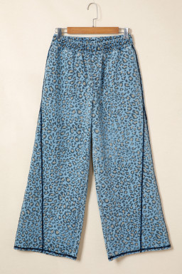 Blue Leopard Print Exposed Seam Detail Wide Leg Drawstring Jeans