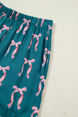 Green Ribbon Bow Print Silky Long Sleeve Shirt and Shorts 2pcs Pajama Set