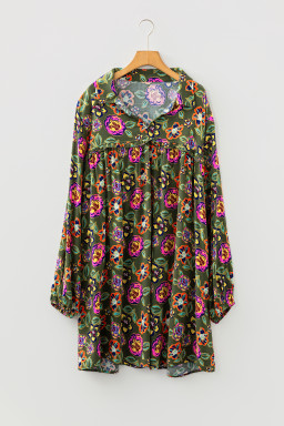 Green Plus Size Floral Print Collared V Neck Loose Mini Dress