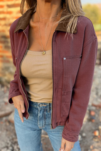 Jaqueta texana amb cremallera frontal i coll de pana color cafè