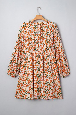 Beige Plus Size Floral Print V Neck Long Sleeve Babydoll Short Dress