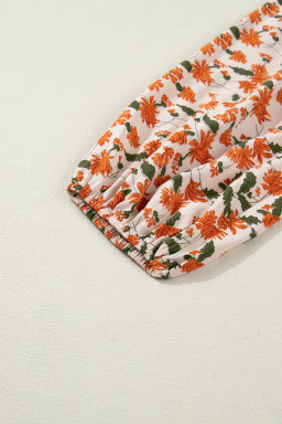 Beige Plus Size Floral Print V Neck Long Sleeve Babydoll Short Dress