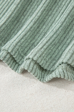 Grass Green Ribbed Notched Neck Knit Long Sleeve Leggings Two Pieces Lounge Set